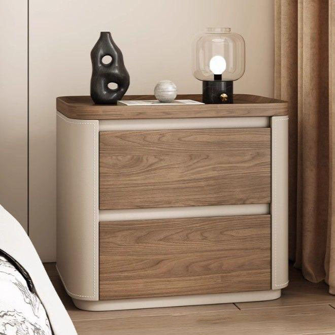 Modern Minimalist Rectangular Plywood Pine Wood Faux Saddle Leather Nightstand 2-Drawer For Bedroom
