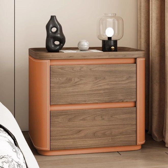 Modern Minimalist Rectangular Plywood Pine Wood Faux Saddle Leather Nightstand 2-Drawer For Bedroom