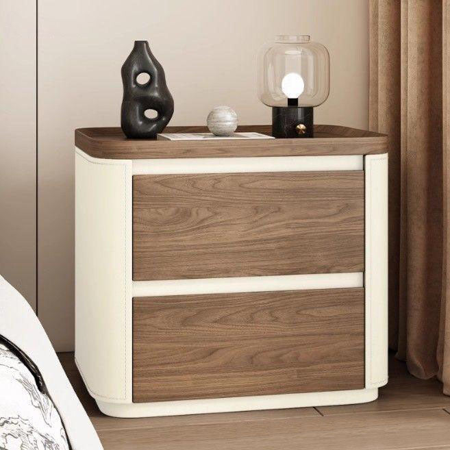 Modern Minimalist Rectangular Plywood Pine Wood Faux Saddle Leather Nightstand 2-Drawer For Bedroom