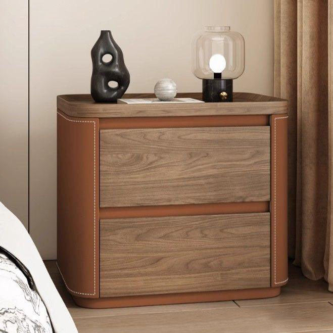 Modern Minimalist Rectangular Plywood Pine Wood Faux Saddle Leather Nightstand 2-Drawer For Bedroom