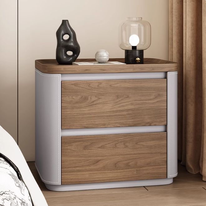 Modern Minimalist Rectangular Plywood Pine Wood Faux Saddle Leather Nightstand 2-Drawer For Bedroom