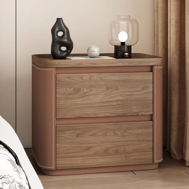 Modern Minimalist Rectangular Plywood Pine Wood Faux Saddle Leather Nightstand 2-Drawer For Bedroom