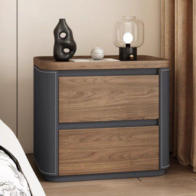 Modern Minimalist Rectangular Plywood Pine Wood Faux Saddle Leather Nightstand 2-Drawer For Bedroom