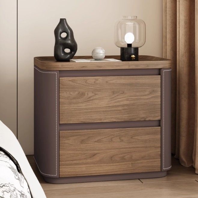 Modern Minimalist Rectangular Plywood Pine Wood Faux Saddle Leather Nightstand 2-Drawer For Bedroom