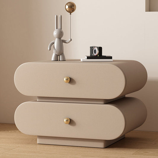 Modern Minimalist Oval Faux Leather Finger-Jointed Board Solid Wood Nightstand 2-Drawer For Bedroom