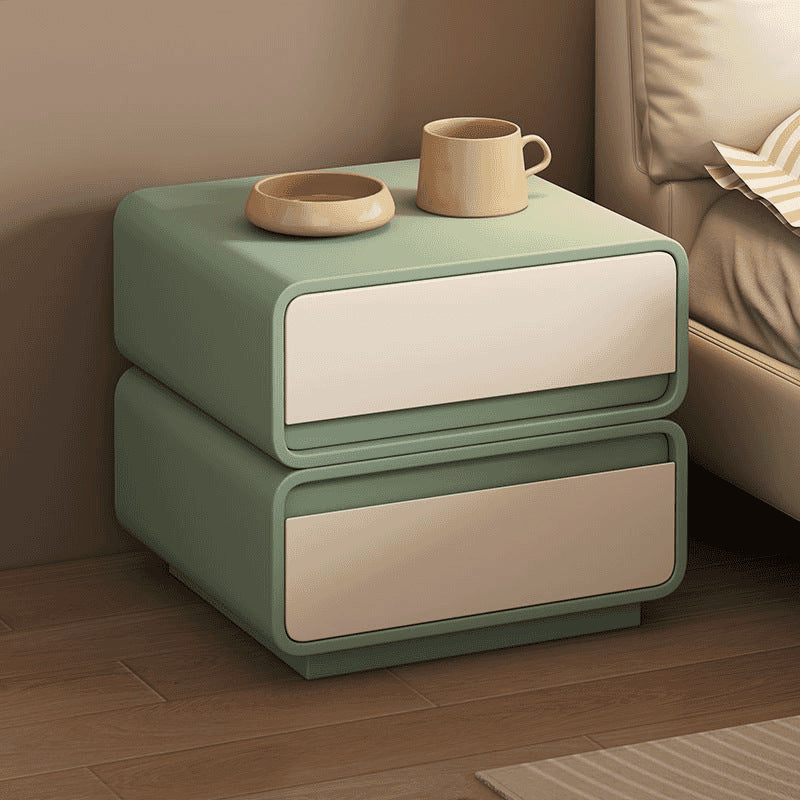 Modern Minimalist Square Finger-Jointed Pine Wood MDF Microfiber Leather Nightstand 2-Drawer For Bedroom