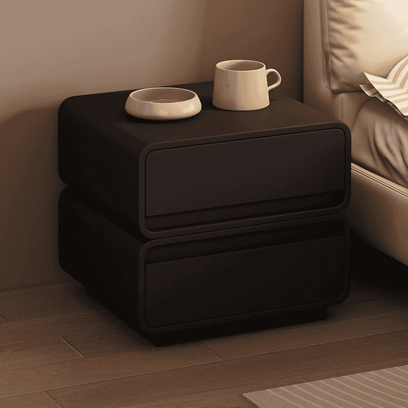 Modern Minimalist Square Finger-Jointed Pine Wood MDF Microfiber Leather Nightstand 2-Drawer For Bedroom