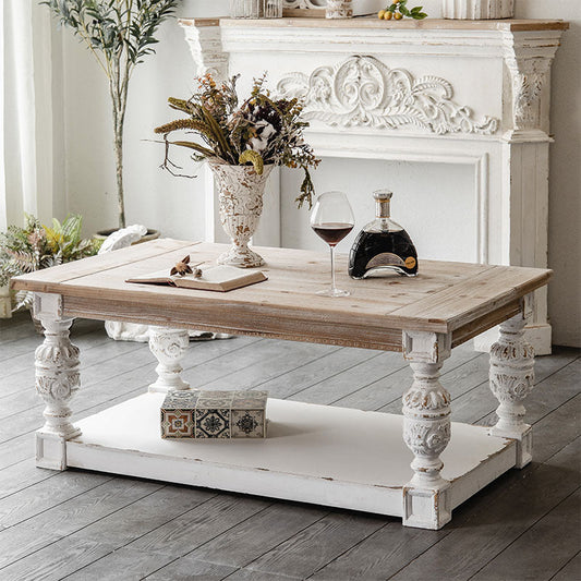 Modern Shabby Chic Rectangular Fir Wood, Artificial Board & Magnesium Oxide Coffee Table With 1/2-Tier Design For Living Room & Bedroom