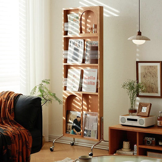 Contemporary Nordic Rectangular Cherry Wood Glass Acrylic Solid Wood Plywood Stainless Steel Full-Length Mirror Bookshelf 4-Tier For Bedroom