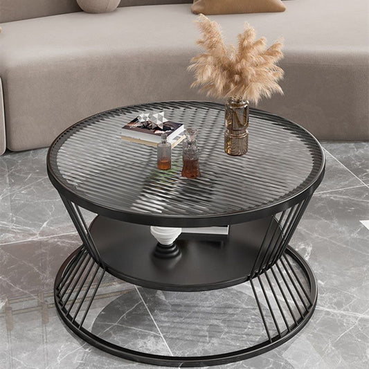Modern Minimalist Round Tempered Glass Iron Coffee Table 2-Tier For Living Room
