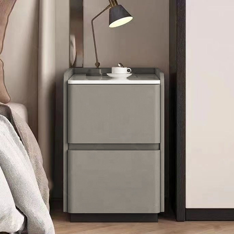 Modern Minimalist Square Rectangular Sintered Stone Cat Scratch Leather Solid Wood Plywood Nightstand 2-Drawer For Bedroom
