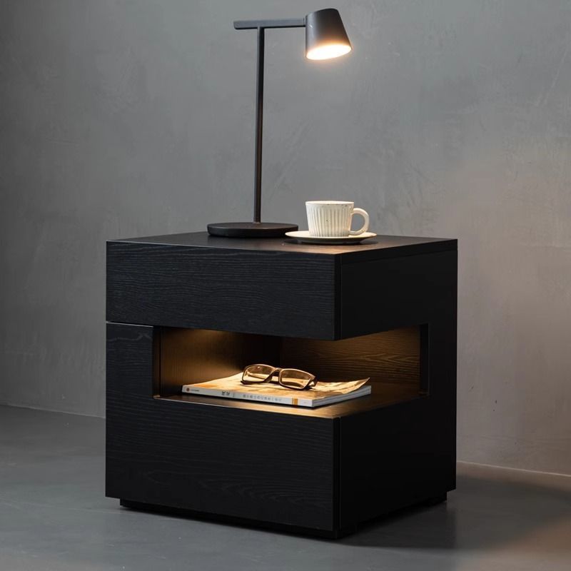 Modern Minimalist Square Rectangular Particle Board Nightstand 2-Tier For Bedroom