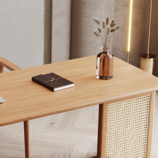 Traditional Japanese Weaving Imitation Rattan Wood Rectangular Desks 3-Drawer For Home Office
