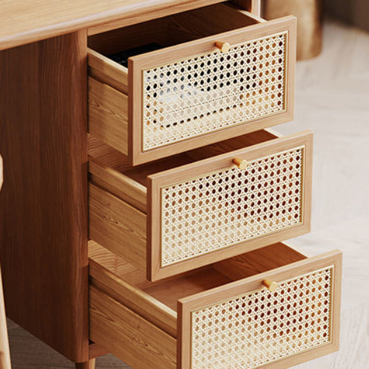 Traditional Japanese Weaving Imitation Rattan Wood Rectangular Desks 3-Drawer For Home Office