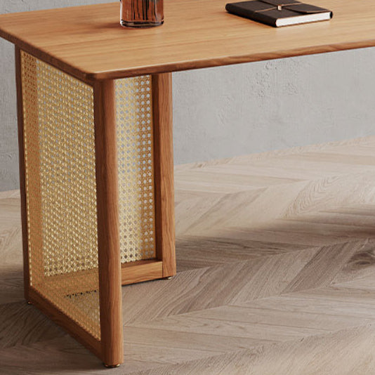 Traditional Japanese Weaving Imitation Rattan Wood Rectangular Desks 3-Drawer For Home Office