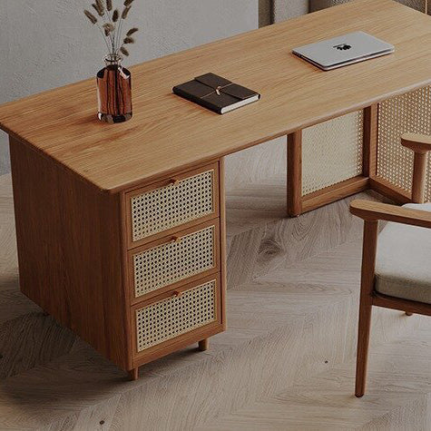 Traditional Japanese Weaving Imitation Rattan Wood Rectangular Desks 3-Drawer For Home Office