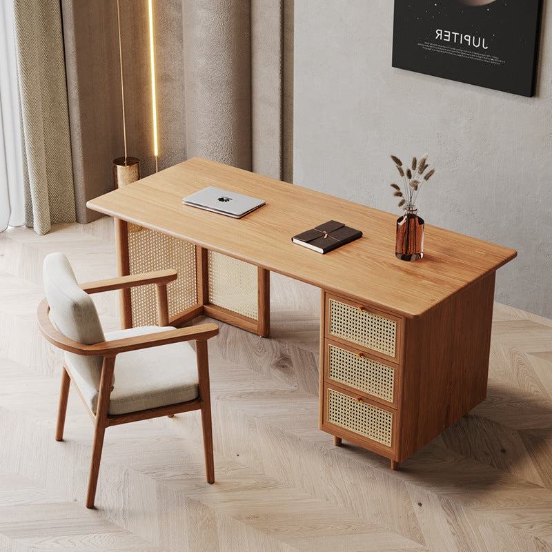 Traditional Japanese Weaving Imitation Rattan Wood Rectangular Desks 3-Drawer For Home Office