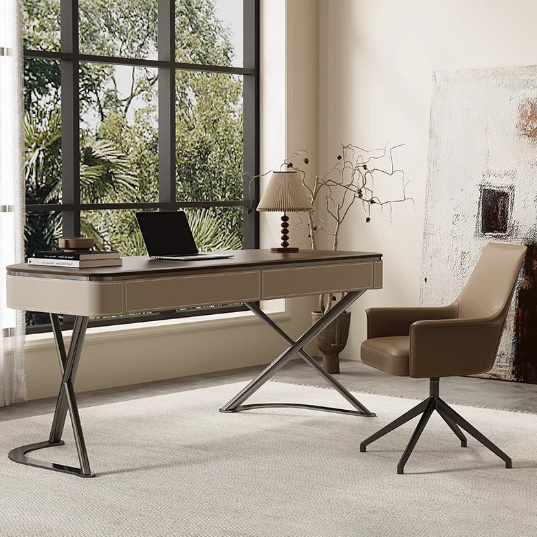 Modern Minimalist Saddle Leather Wood Stainless Steel Oval X-Shape Leg Desks 2-Drawer For Home Office