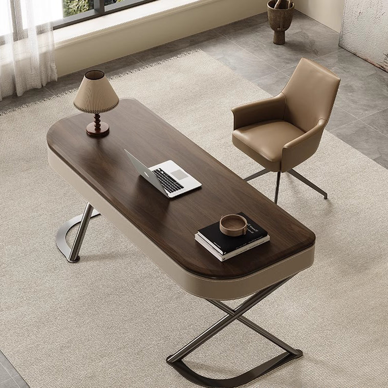 Modern Minimalist Saddle Leather Wood Stainless Steel Oval X-Shape Leg Desks 2-Drawer For Home Office