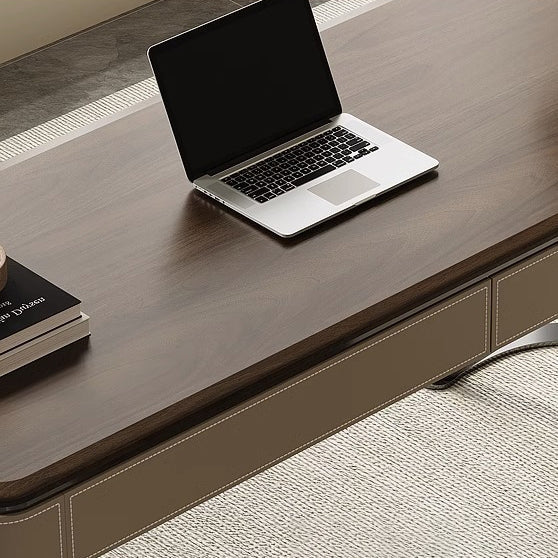 Modern Minimalist Saddle Leather Wood Stainless Steel Oval X-Shape Leg Desks 2-Drawer For Home Office