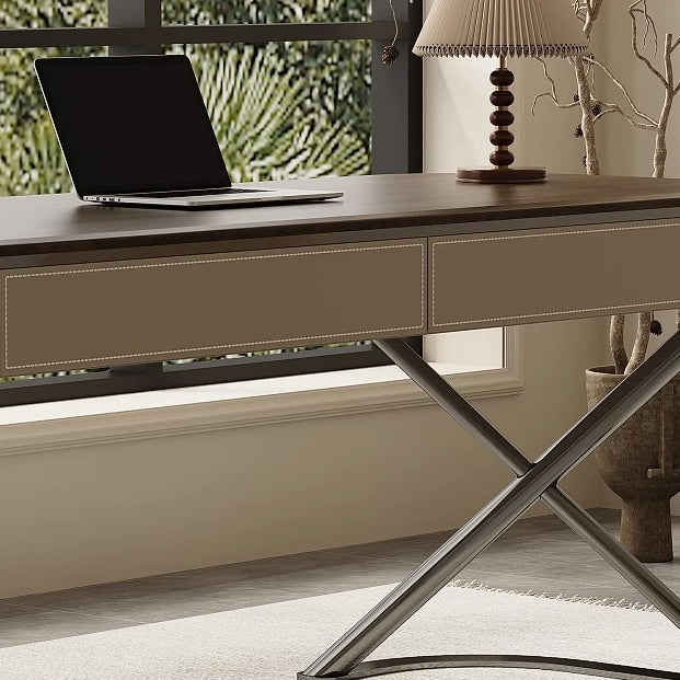 Modern Minimalist Saddle Leather Wood Stainless Steel Oval X-Shape Leg Desks 2-Drawer For Home Office