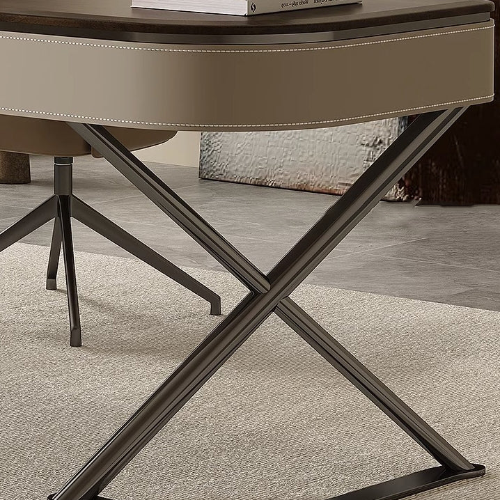 Modern Minimalist Saddle Leather Wood Stainless Steel Oval X-Shape Leg Desks 2-Drawer For Home Office