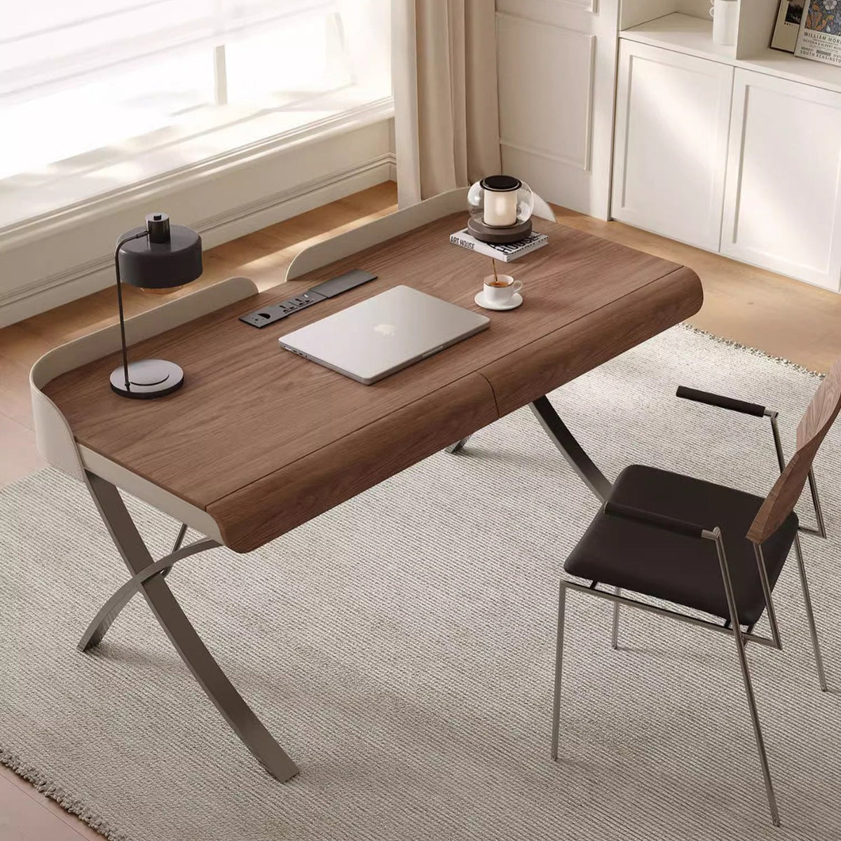 Modern Transitional Saddle Leather Wood Stainless Steel X-Shape Leg Wraparound Baffle Rectangular Desks 2-Drawer For Home Office