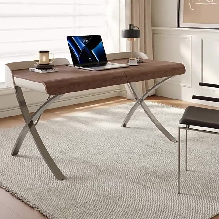 Modern Transitional Saddle Leather Wood Stainless Steel X-Shape Leg Wraparound Baffle Rectangular Desks 2-Drawer For Home Office