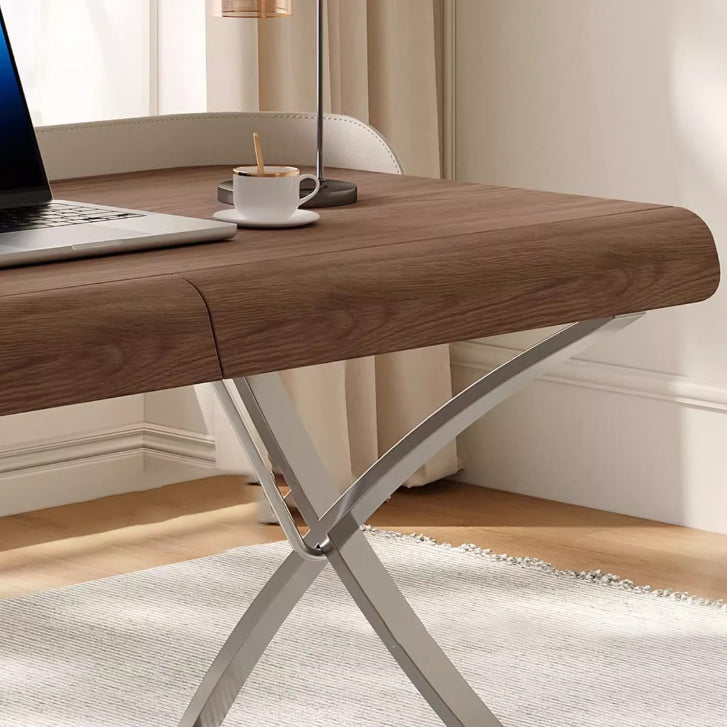 Modern Transitional Saddle Leather Wood Stainless Steel X-Shape Leg Wraparound Baffle Rectangular Desks 2-Drawer For Home Office