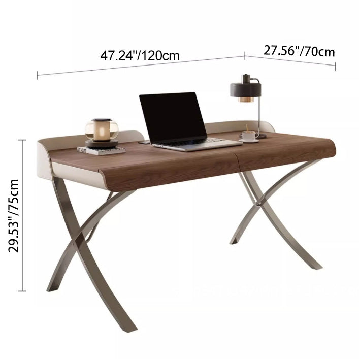 Modern Transitional Saddle Leather Wood Stainless Steel X-Shape Leg Wraparound Baffle Rectangular Desks 2-Drawer For Home Office