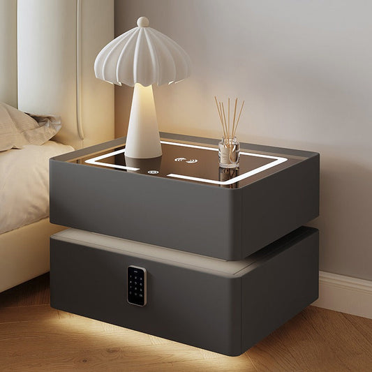 Contemporary Nordic Cube Square Glass Microfiber Leather Pine Medium Density Fiberboard Nightstand 2 - Drawer For Bedroom