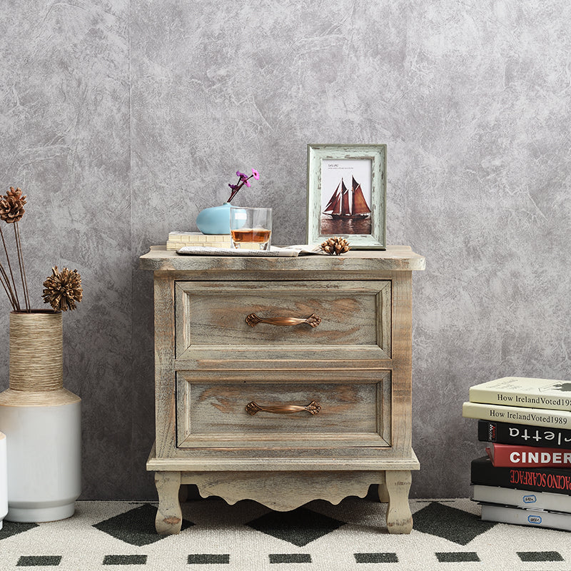 Traditional Vintage Square Cube Paulownia Wood Metal Nightstand 2 - Drawer For Bedroom