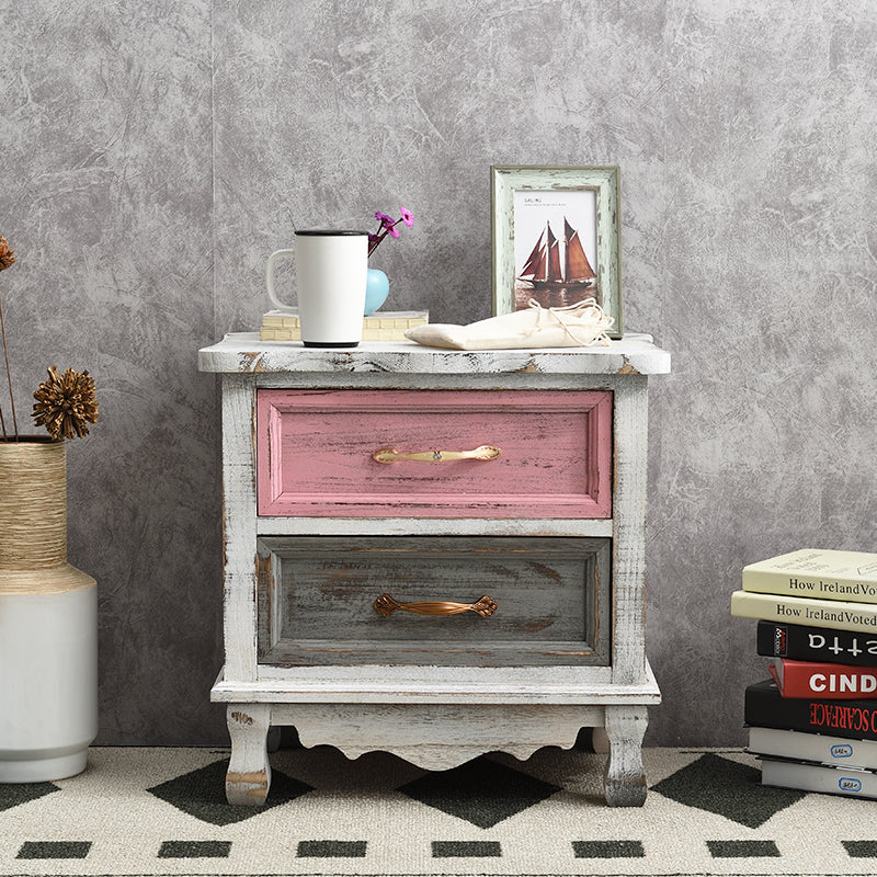 Traditional Vintage Square Cube Paulownia Wood Metal Nightstand 2 - Drawer For Bedroom