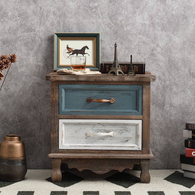 Traditional Vintage Square Cube Paulownia Wood Metal Nightstand 2 - Drawer For Bedroom