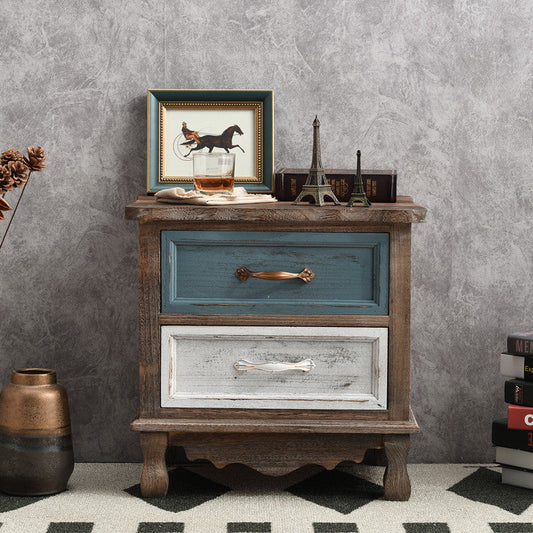 Traditional Vintage Square Cube Paulownia Wood Metal Nightstand 2 - Drawer For Bedroom