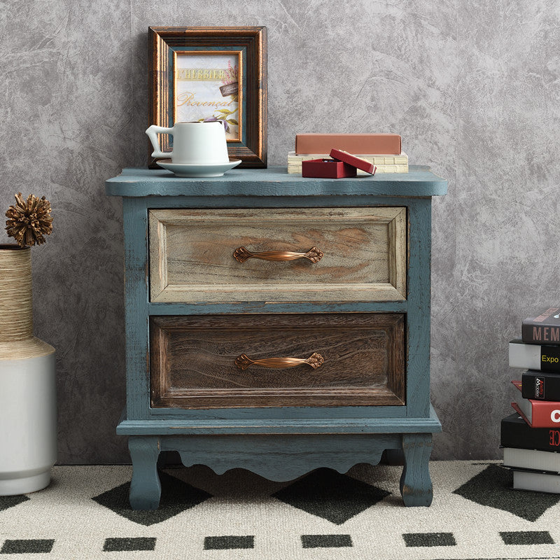 Traditional Vintage Square Cube Paulownia Wood Metal Nightstand 2 - Drawer For Bedroom