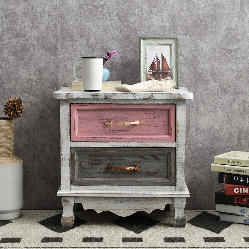 Traditional Vintage Square Cube Paulownia Wood Metal Nightstand 2 - Drawer For Bedroom