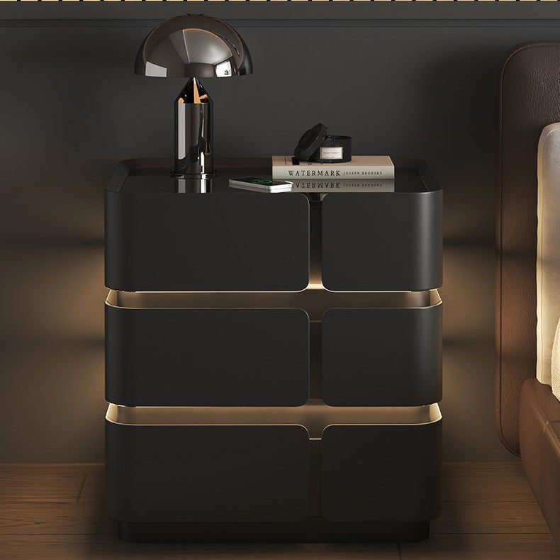 Contemporary Nordic Square Cube Sensor Light Wireless Charging Glass Cat Scratch Leather Pine Medium Density Fiberboard Nightstand 2/3 - Drawer For Bedroom