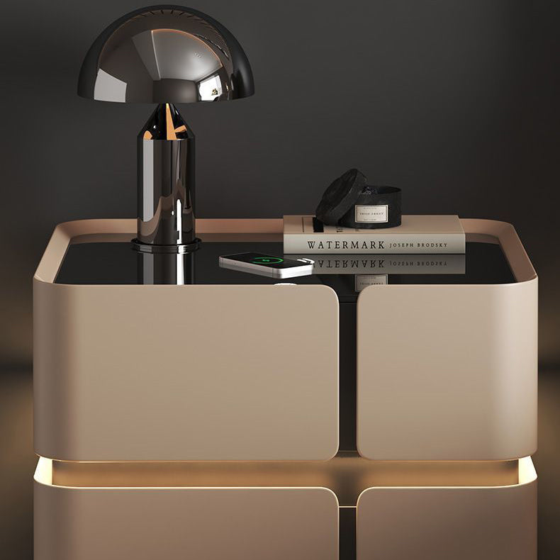 Contemporary Nordic Square Cube Sensor Light Wireless Charging Glass Cat Scratch Leather Pine Medium Density Fiberboard Nightstand 2/3 - Drawer For Bedroom