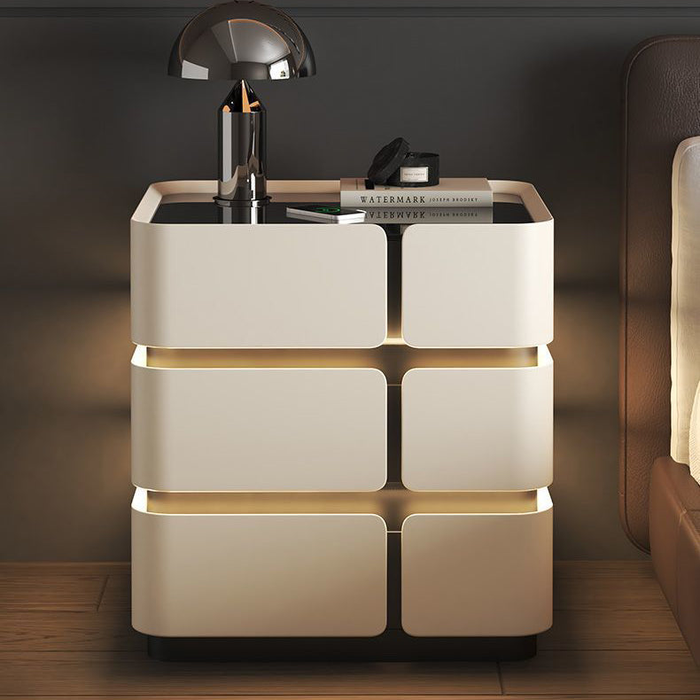Contemporary Nordic Square Cube Sensor Light Wireless Charging Glass Cat Scratch Leather Pine Medium Density Fiberboard Nightstand 2/3 - Drawer For Bedroom