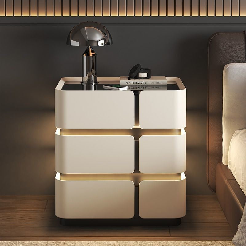 Contemporary Nordic Square Cube Sensor Light Wireless Charging Glass Cat Scratch Leather Pine Medium Density Fiberboard Nightstand 2/3 - Drawer For Bedroom
