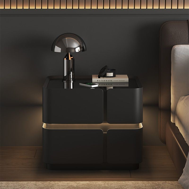 Contemporary Nordic Square Cube Sensor Light Wireless Charging Glass Cat Scratch Leather Pine Medium Density Fiberboard Nightstand 2/3 - Drawer For Bedroom