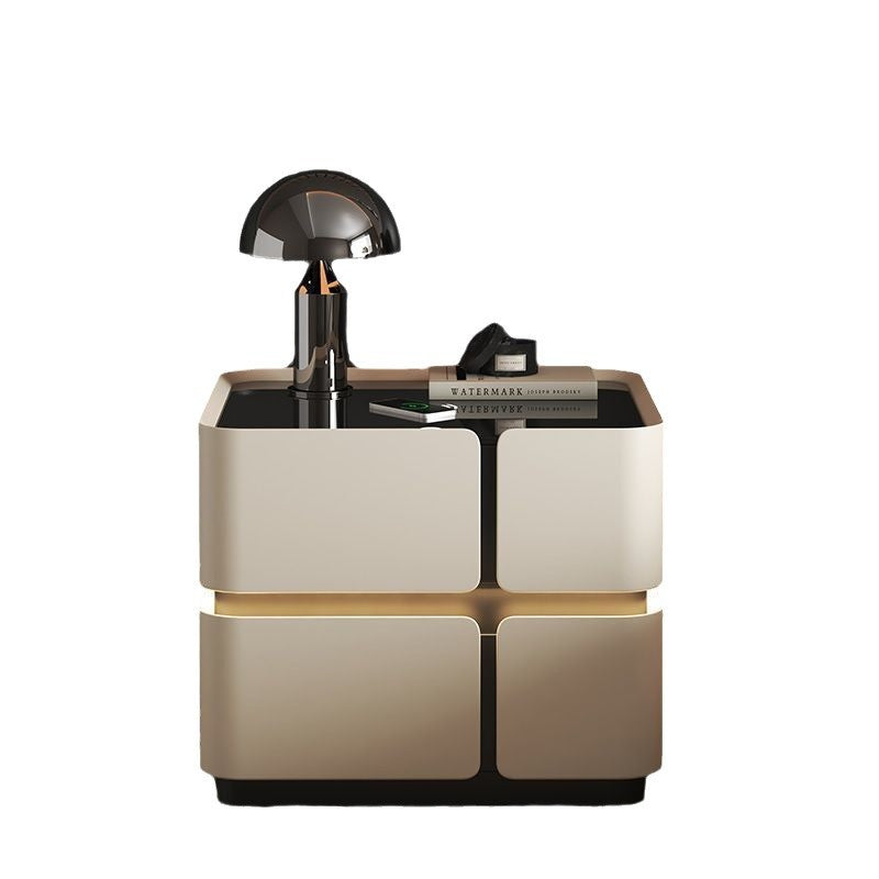 Contemporary Nordic Square Cube Sensor Light Wireless Charging Glass Cat Scratch Leather Pine Medium Density Fiberboard Nightstand 2/3 - Drawer For Bedroom