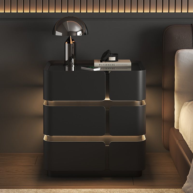 Contemporary Nordic Square Cube Sensor Light Wireless Charging Glass Cat Scratch Leather Pine Medium Density Fiberboard Nightstand 2/3 - Drawer For Bedroom