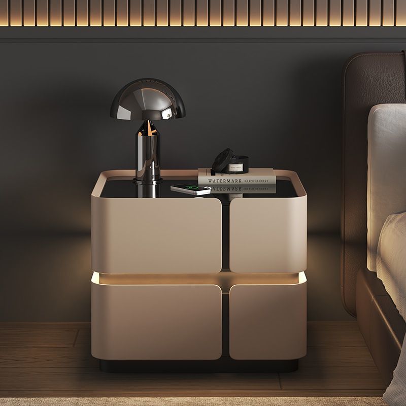 Contemporary Nordic Square Cube Sensor Light Wireless Charging Glass Cat Scratch Leather Pine Medium Density Fiberboard Nightstand 2/3 - Drawer For Bedroom