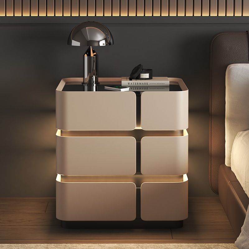 Contemporary Nordic Square Cube Sensor Light Wireless Charging Glass Cat Scratch Leather Pine Medium Density Fiberboard Nightstand 2/3 - Drawer For Bedroom