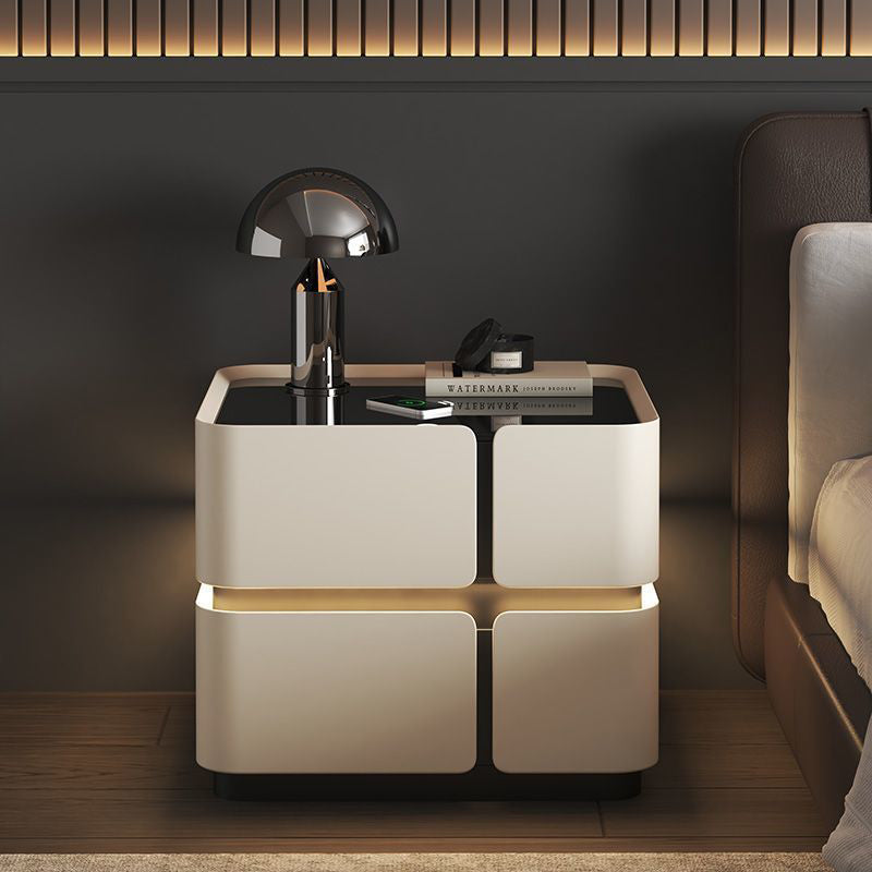 Contemporary Nordic Square Cube Sensor Light Wireless Charging Glass Cat Scratch Leather Pine Medium Density Fiberboard Nightstand 2/3 - Drawer For Bedroom