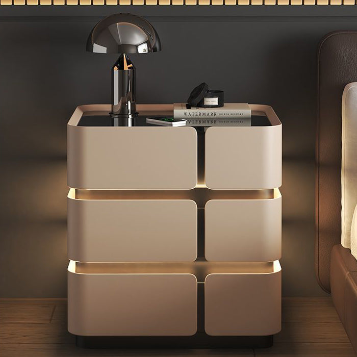 Contemporary Nordic Square Cube Sensor Light Wireless Charging Glass Cat Scratch Leather Pine Medium Density Fiberboard Nightstand 2/3 - Drawer For Bedroom