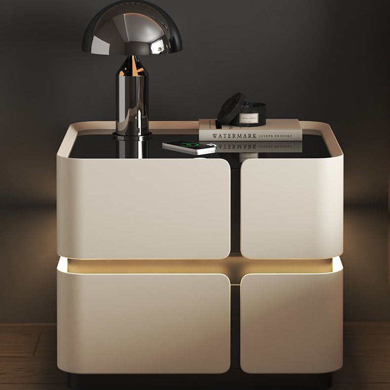 Contemporary Nordic Square Cube Sensor Light Wireless Charging Glass Cat Scratch Leather Pine Medium Density Fiberboard Nightstand 2/3 - Drawer For Bedroom