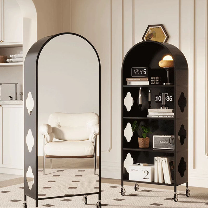 Contemporary Nordic Arched Carbon Steel Glass Movable Bookshelves 4-Tier With Mirror For Living Room